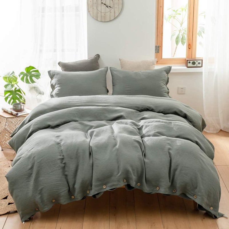 Simple&Opulence 100% Linen Duvet Cover Set 3pcs with Coconut Button Closure Natural French Washed Flax Solid Color Soft Breathable Farmhouse Bedding - Cushing Green, King Size - Image 1